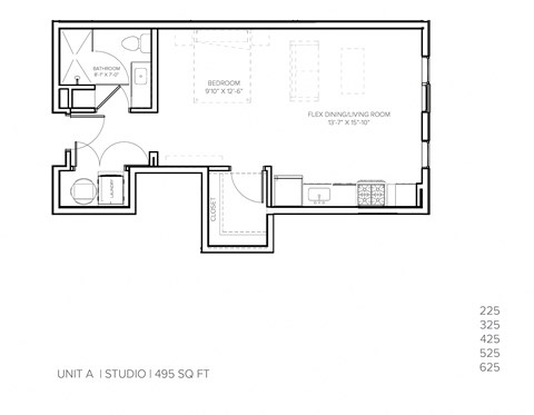 Floor plan for studio, 1 bath, 494 sqft
